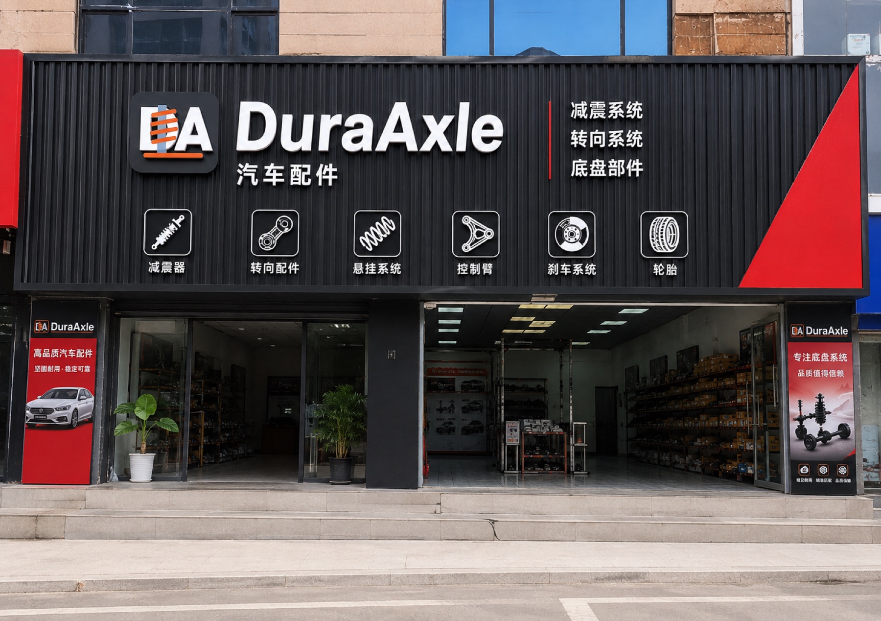 DuraAxle automotive parts showroom exterior and product display