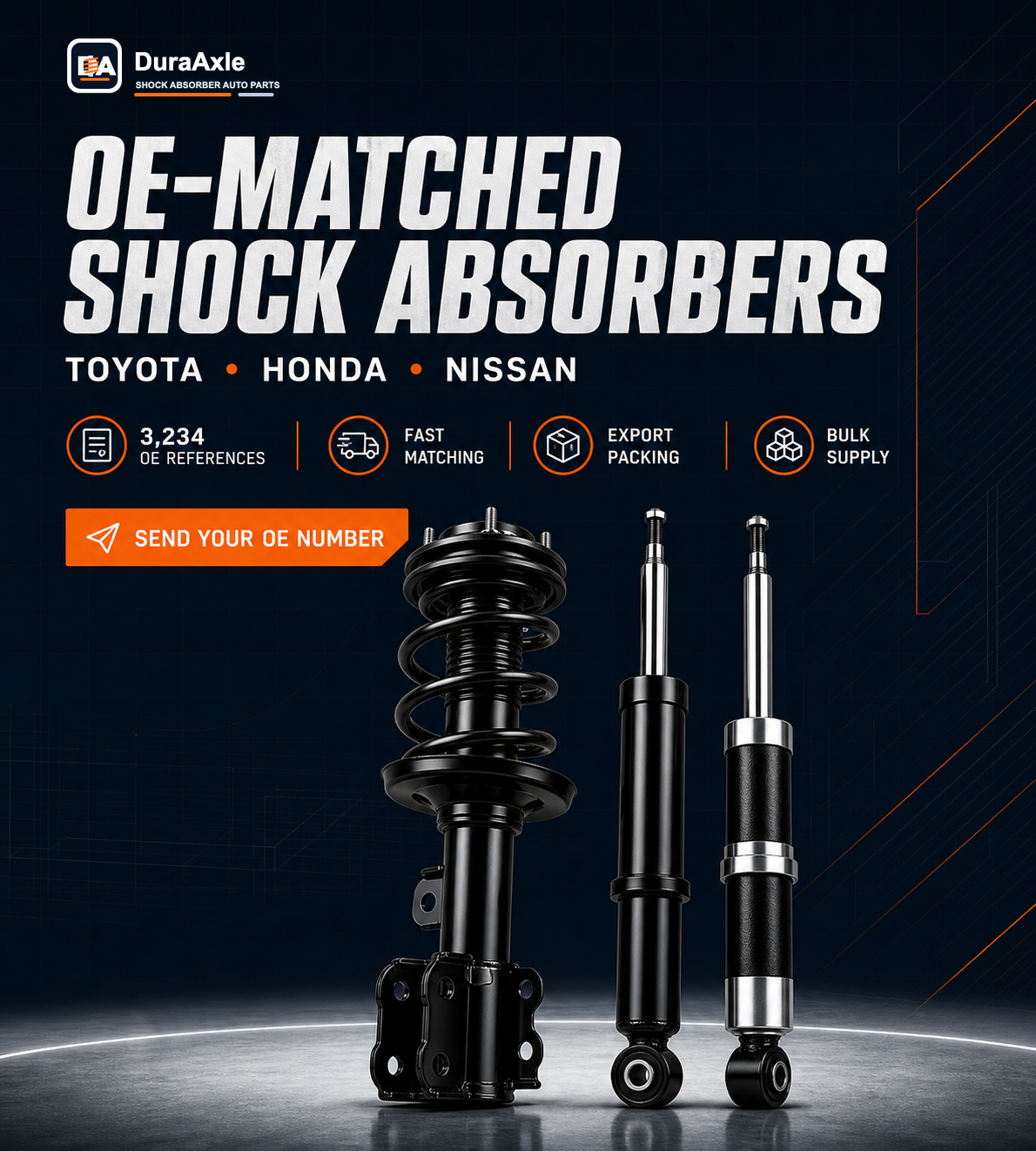 DuraAxle OE-matched shock absorbers for Toyota, Honda and Nissan with 3,234 OE references
